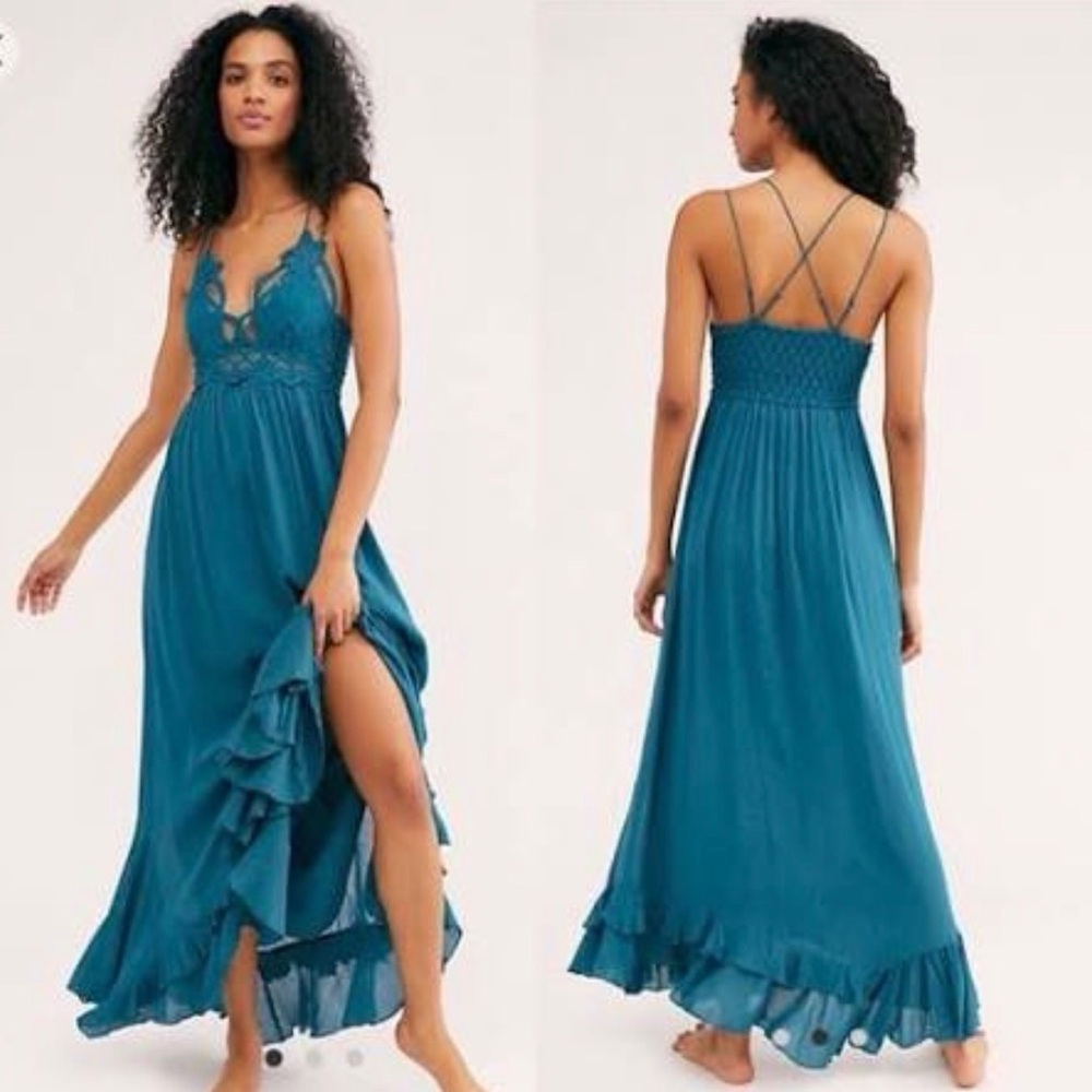 Free People FP One Dress Adella Womens Teal Blue Green Slip Lace Boho Fairy XS